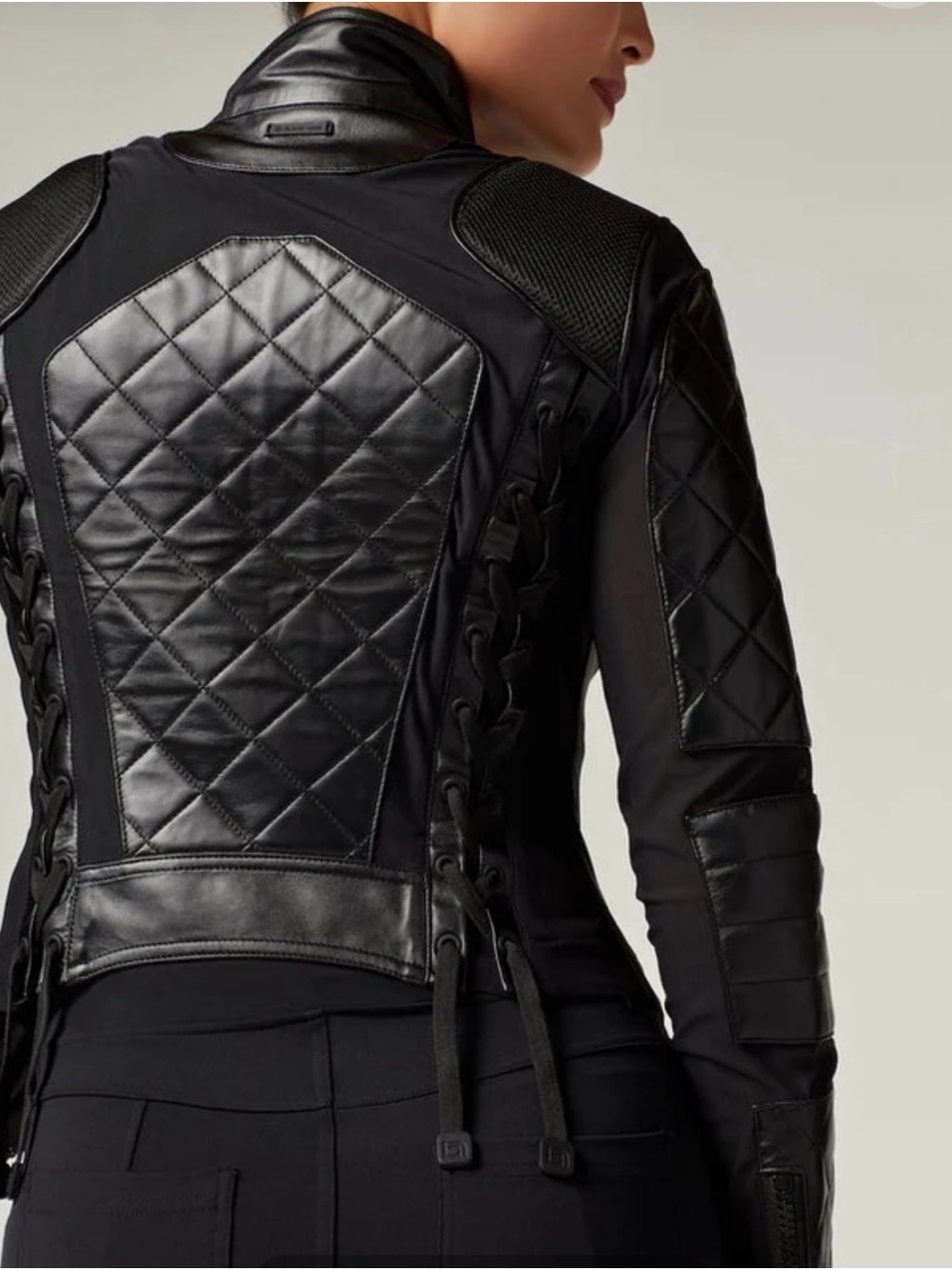 BLANC NOIR CLASSIC BLACK QUILTED GENUINE LEATHER MESH MOTO JACKET - Picture 7 of 12